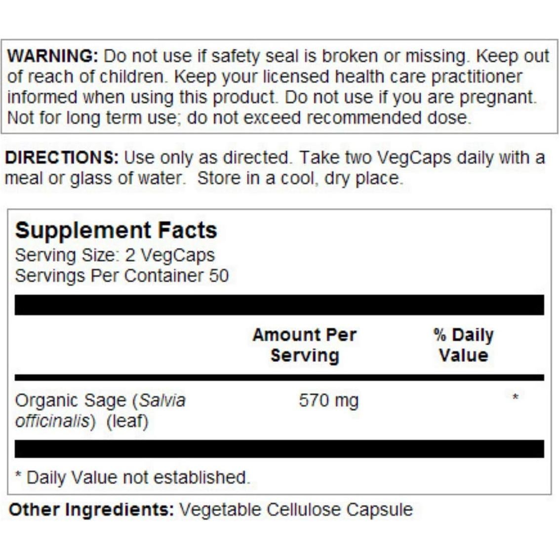Hoja de Salvia Solaray 570mg - 100 VegCaps, Apoyo Inmunológico
