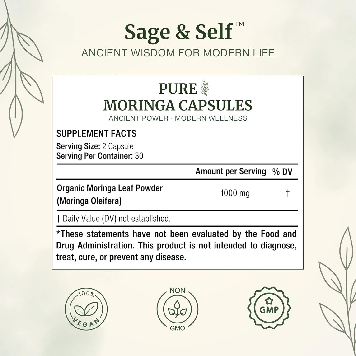 Cápsulas de Moringa Orgánica Sage & Self - 1000 mg - 60 Unidades