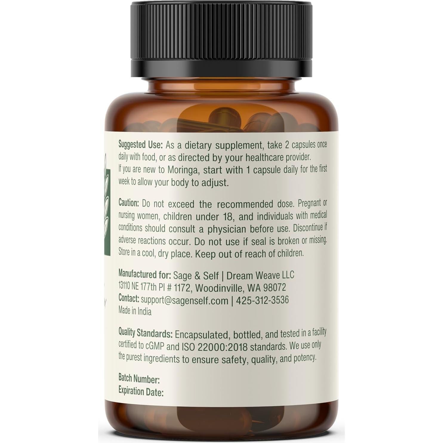 Cápsulas de Moringa Orgánica Sage & Self - 1000 mg - 60 Unidades