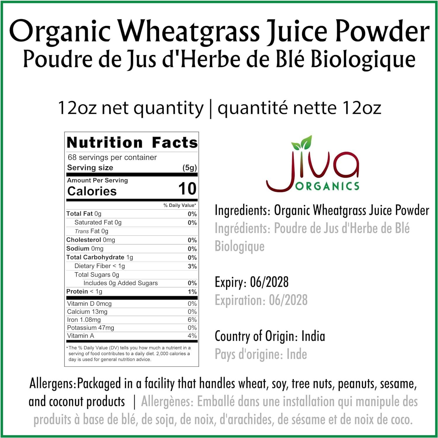 Polvo de Jugo de Pasto de Trigo Orgánico Jiva 340g Bolsa Kraft