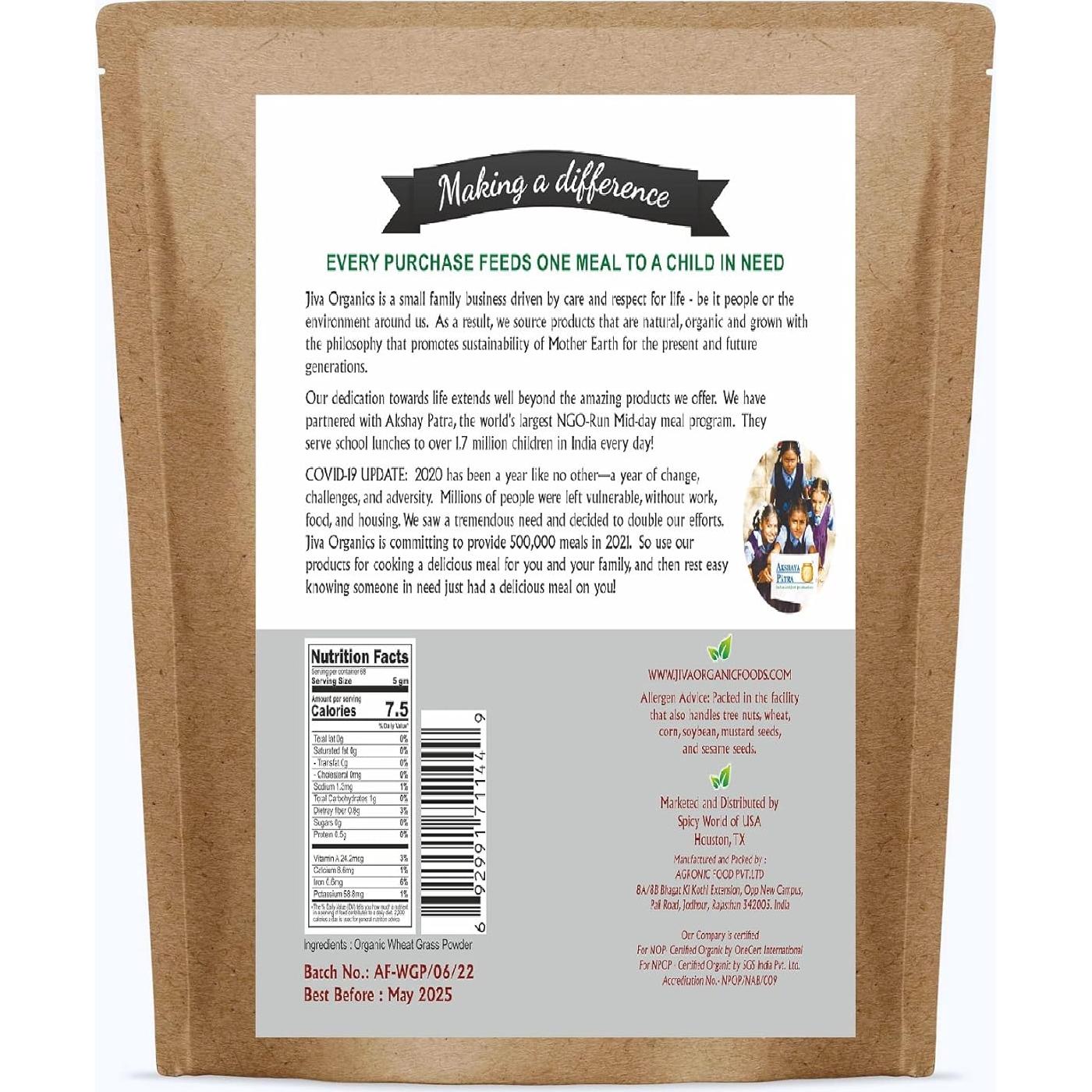 Polvo de Jugo de Pasto de Trigo Orgánico Jiva 340g Bolsa Kraft