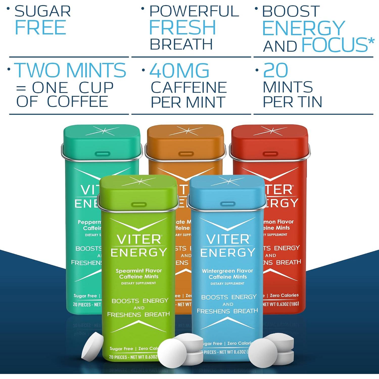 Mentas de Cafeína Viter Energy 40mg - Sin Azúcar, Vegano, 20pcs