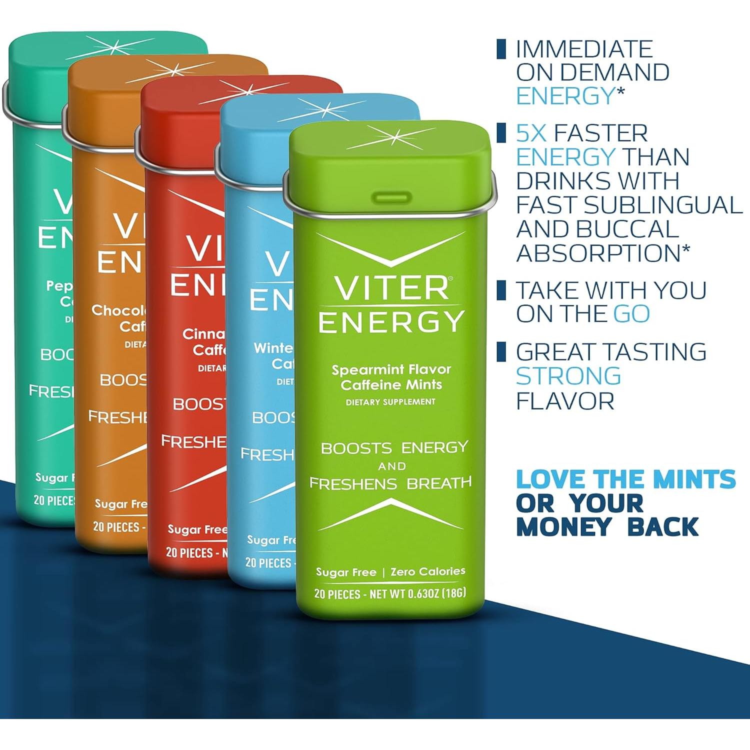 Mentas de Cafeína Viter Energy 40mg - Sin Azúcar, Vegano, 20pcs