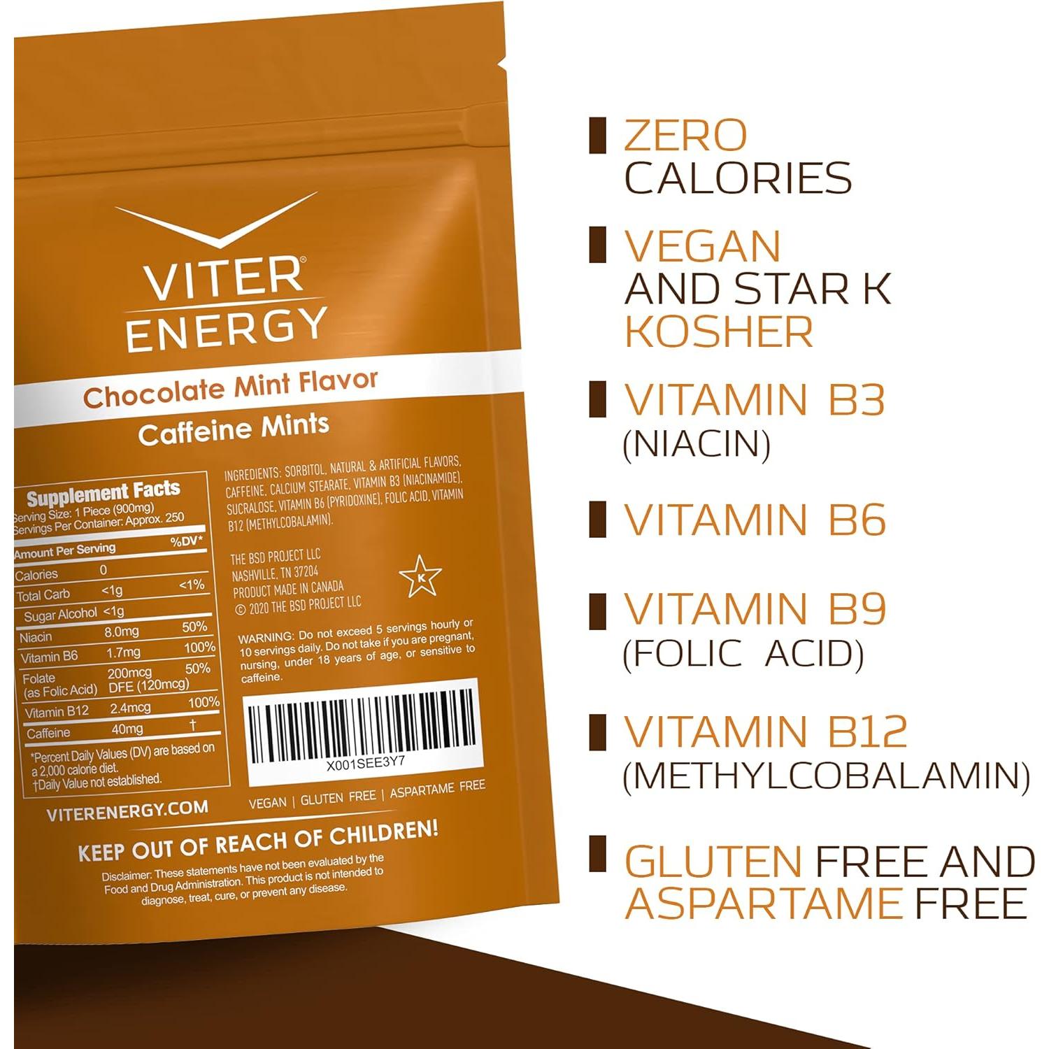 Mentas de Cafeína Viter Energy 40mg Chocolate Menta 250u