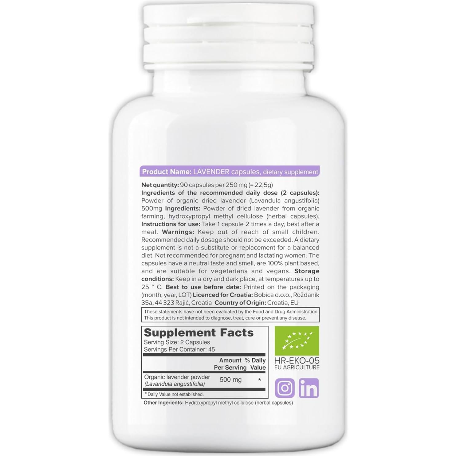 Cápsulas de Lavanda Orgánica Bobica - 90 Veganas para Relajación