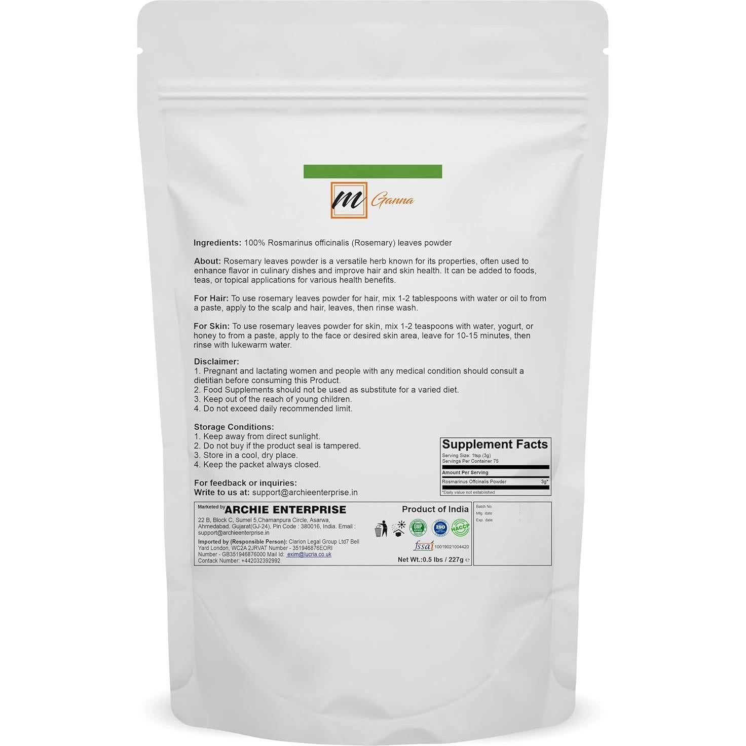 Polvo de Romero Natural mGanna 227 g - Hierba Aromática Premium