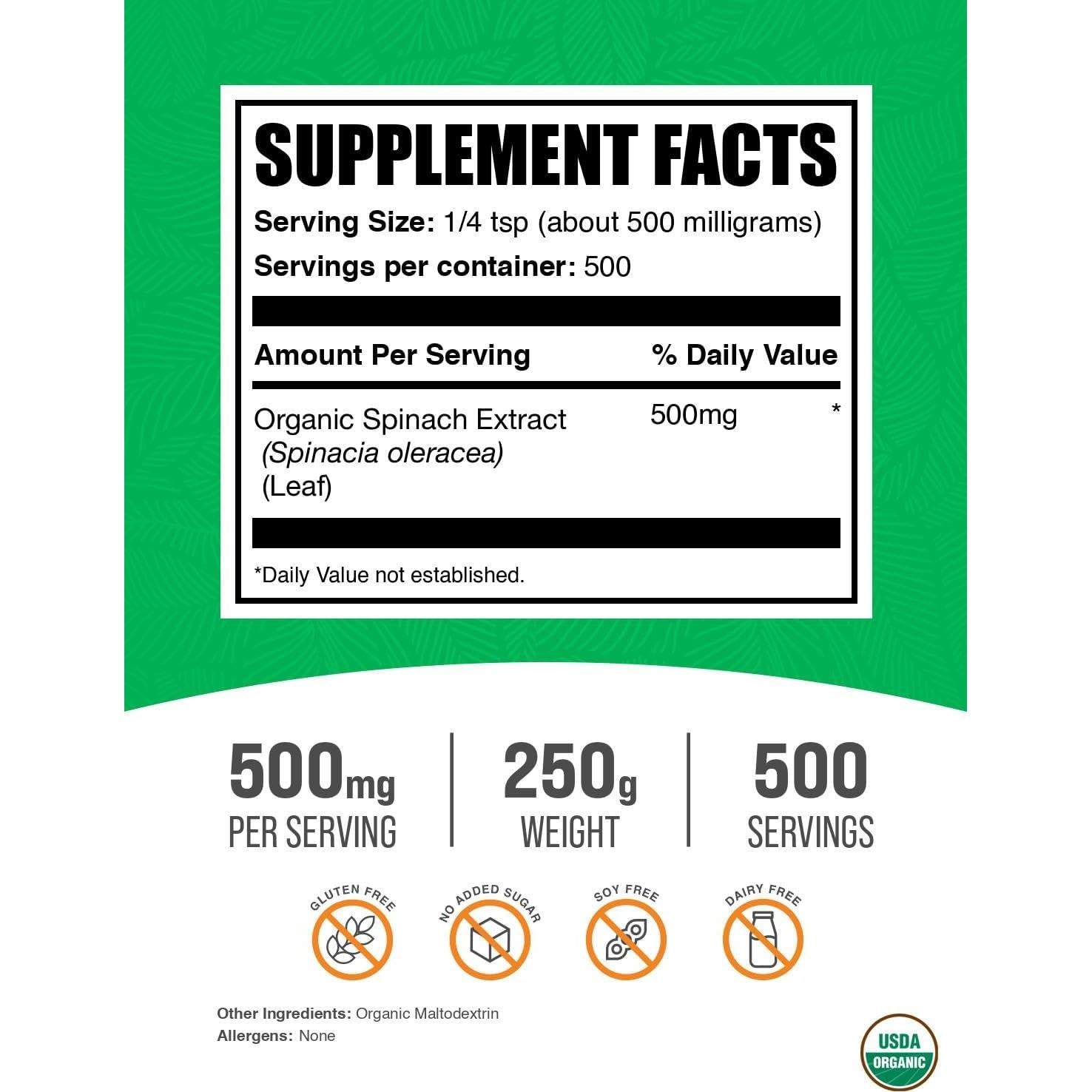 Polvo de Espinaca Orgánica BulkSupplements 250g - Suplemento Herbal