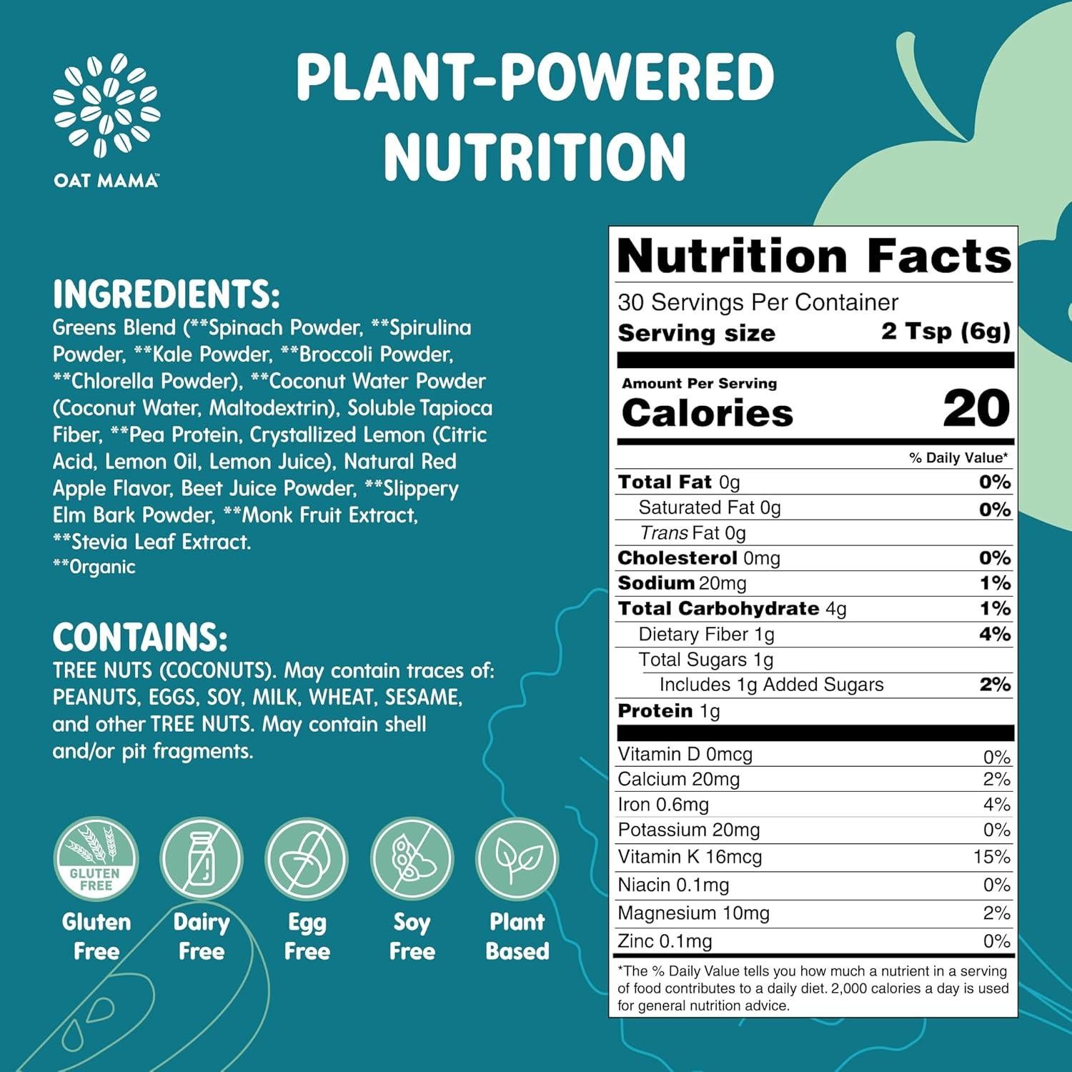 Oat Mama Mama Greens Superfoods 180g - Polvo de Verduras Sabor Manzana Fuji