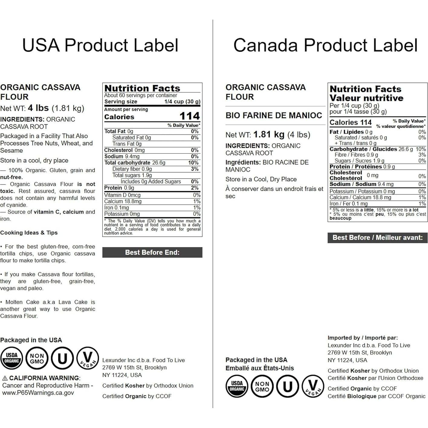 Harina de Yuca Orgánica Food to Live 1.81 kg - Sin Gluten, Vegana