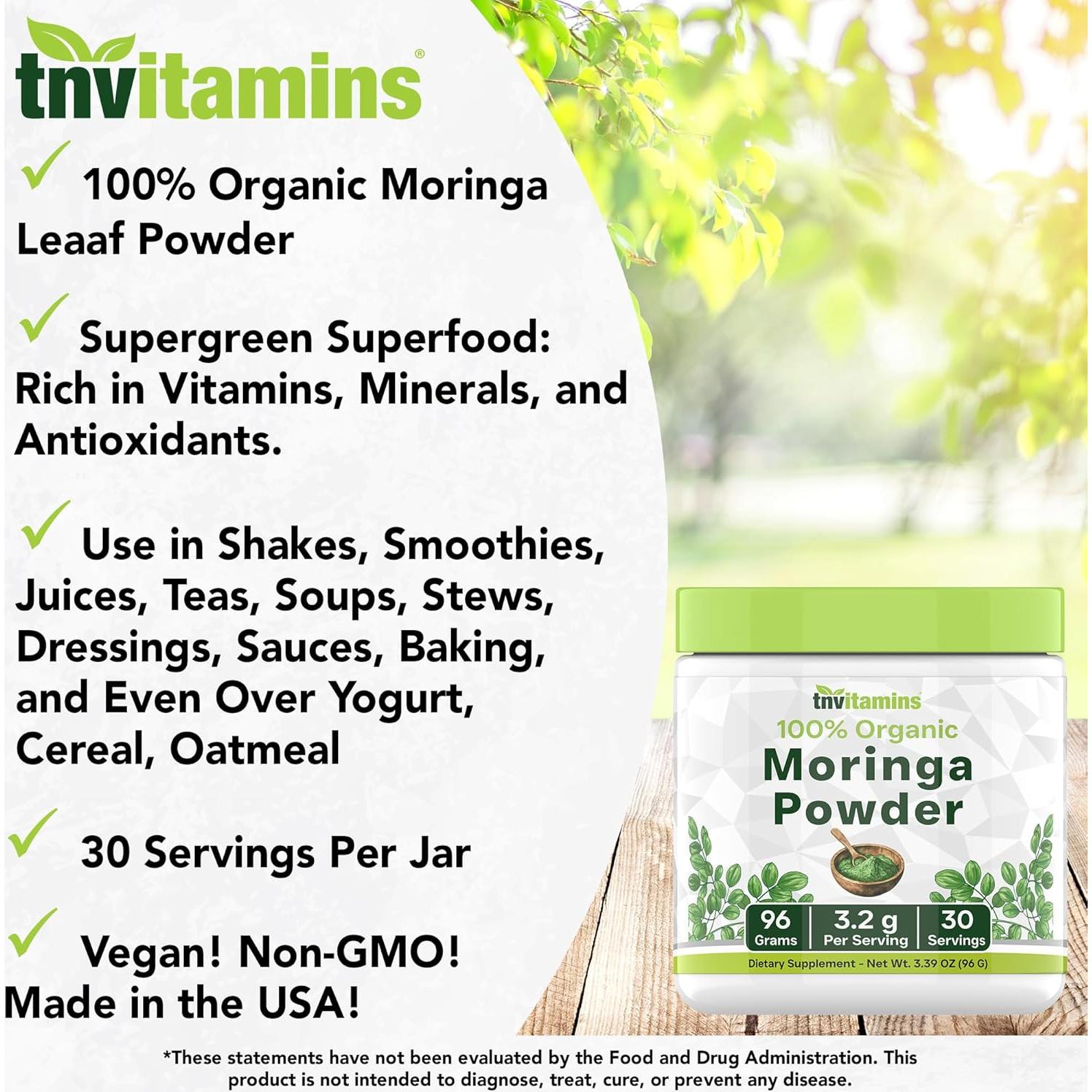Polvo de Moringa Orgánico TNVitamins 100% Puro 132g