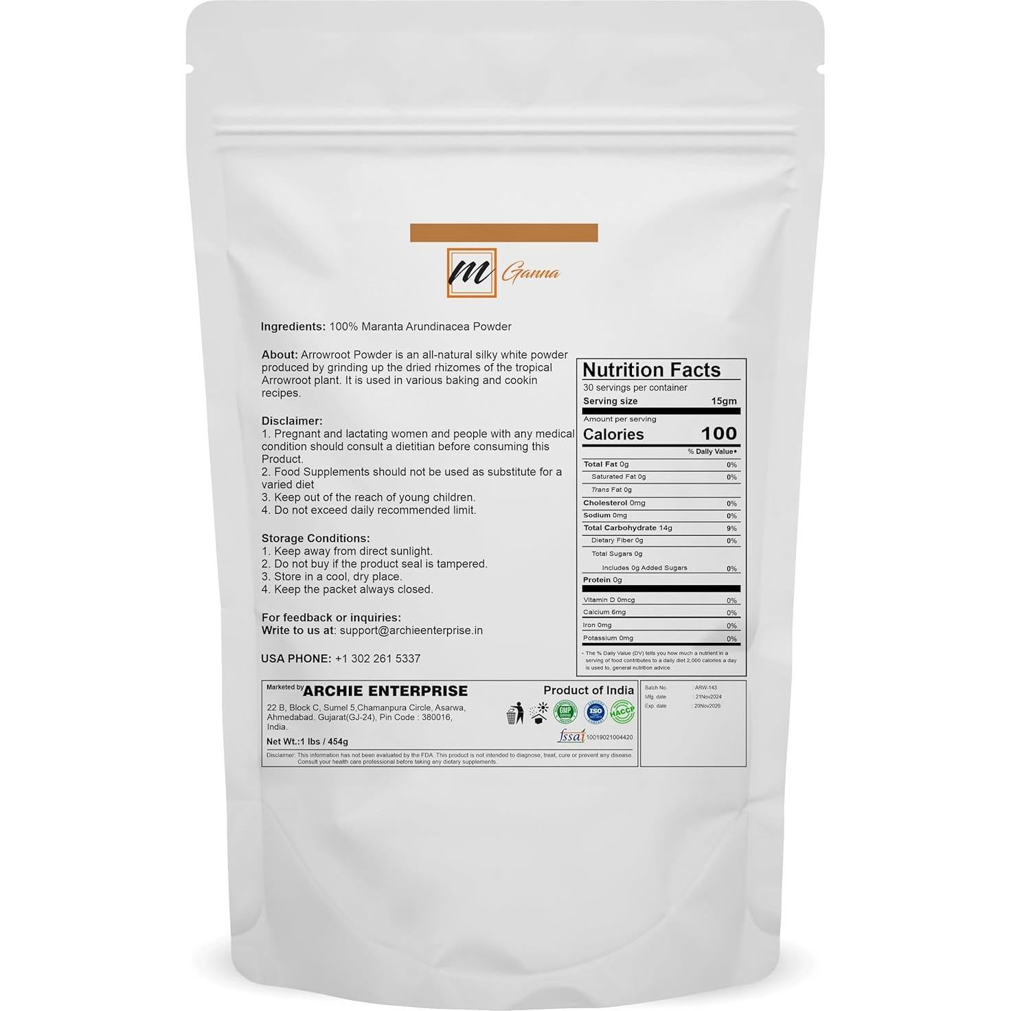 Polvo de Arrurruz Natural mGanna 454 g - Agente Espesante