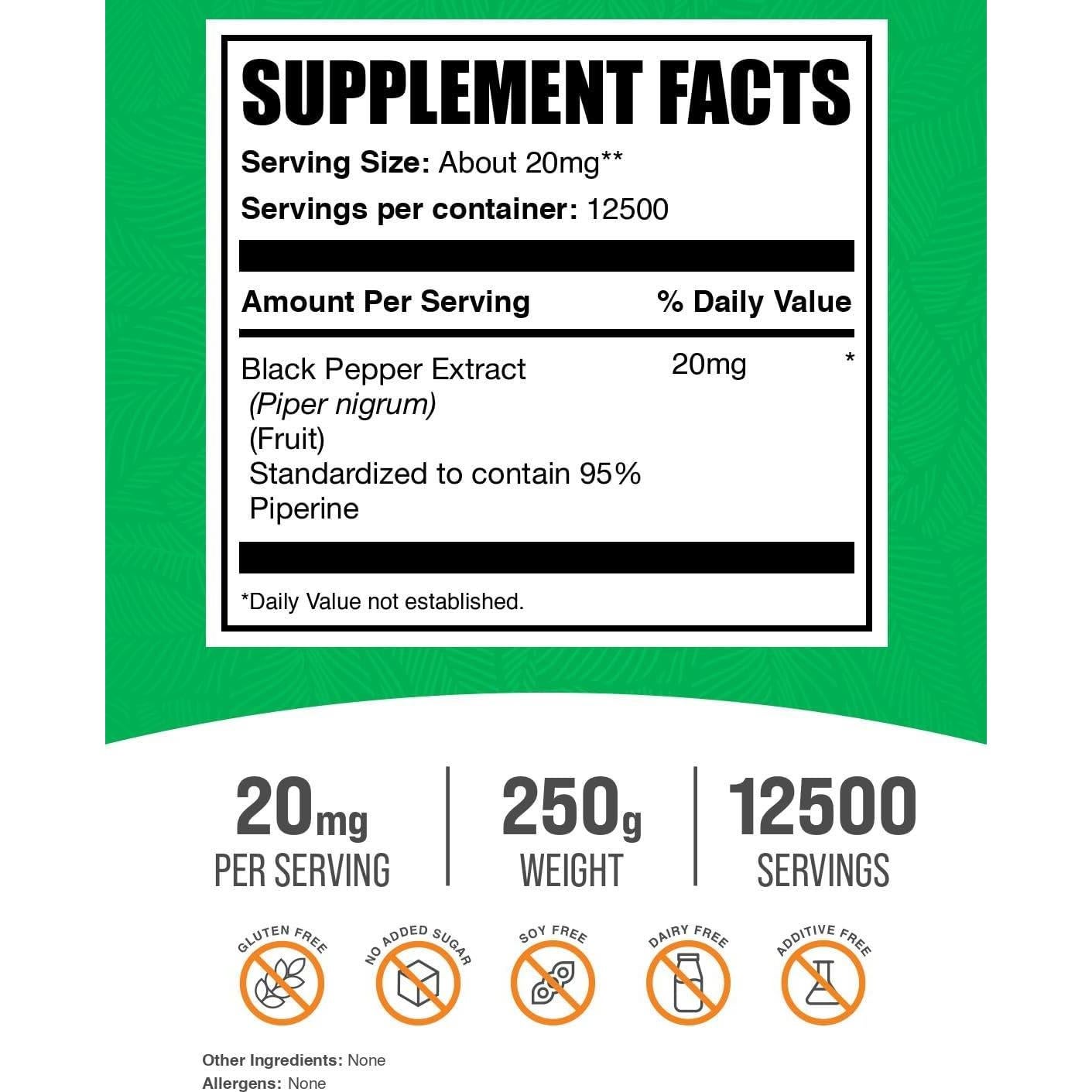 Polvo de Extracto de Pimienta Negra BulkSupplements 250g Vegano