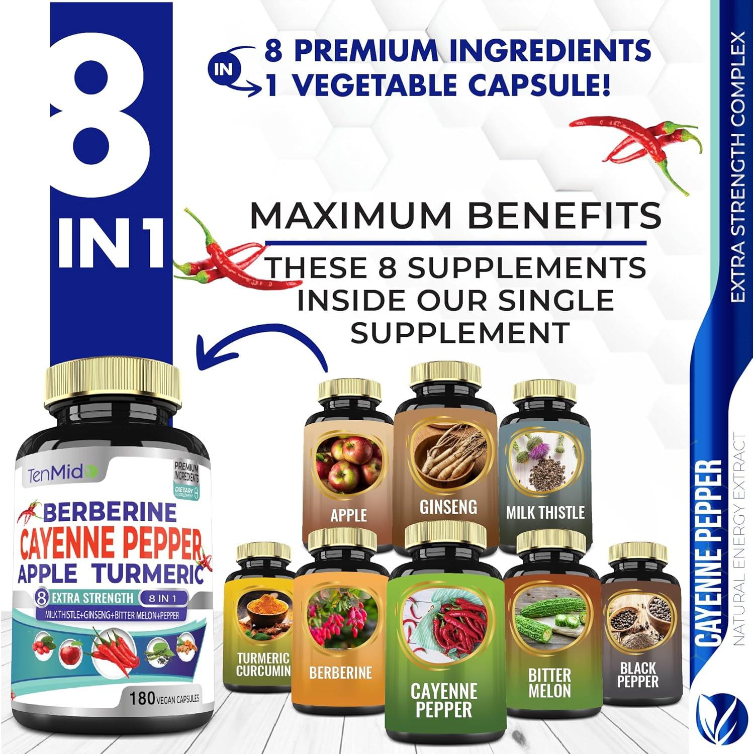 Suplemento Herbal Tenmido 180 Cápsulas Cayena Berberina Ginseng