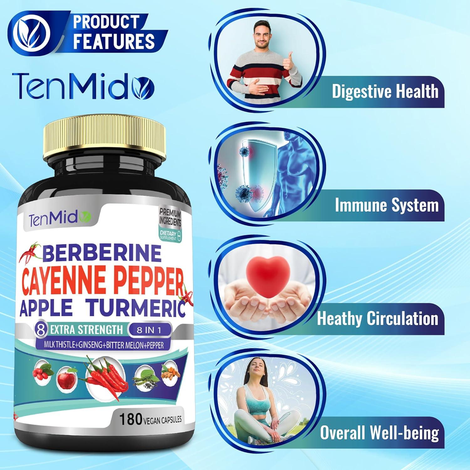 Suplemento Herbal Tenmido 180 Cápsulas Cayena Berberina Ginseng