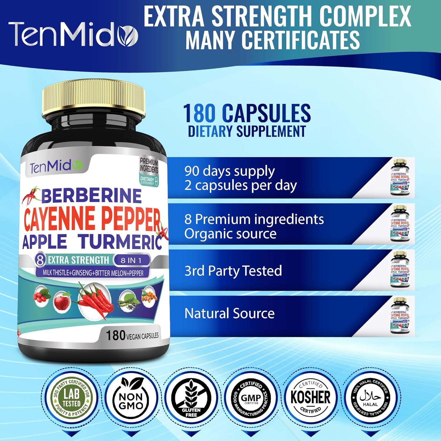Suplemento Herbal Tenmido 180 Cápsulas Cayena Berberina Ginseng