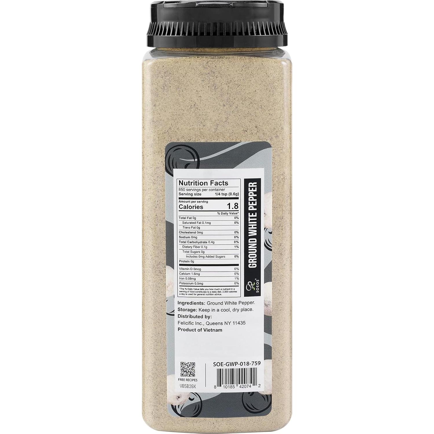 Pimienta Blanca Molida Soeos 510g, 100% Natural y Kosher