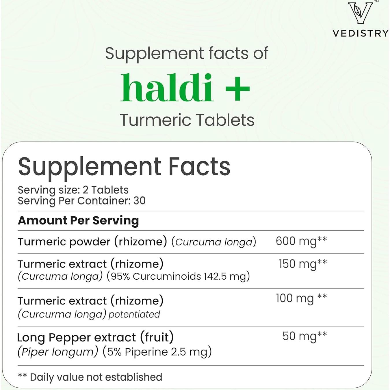 Tabletas de Cúrcuma Vedistry Haldi con Pimienta Larga - 60 Unidades