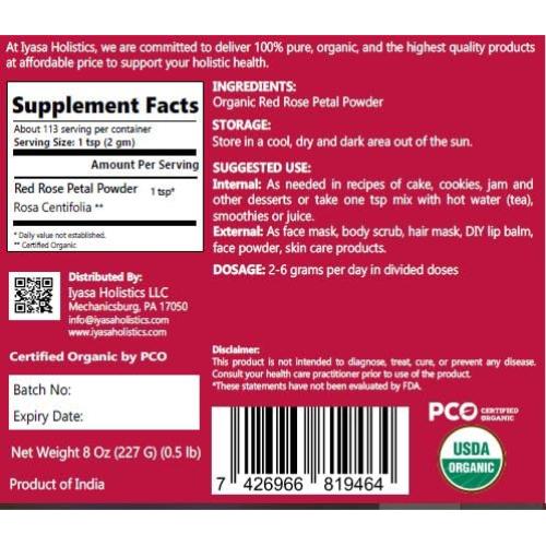 Polvo de Pétalos de Rosa Roja Orgánica Iyasa 226g - Grado Alimenticio
