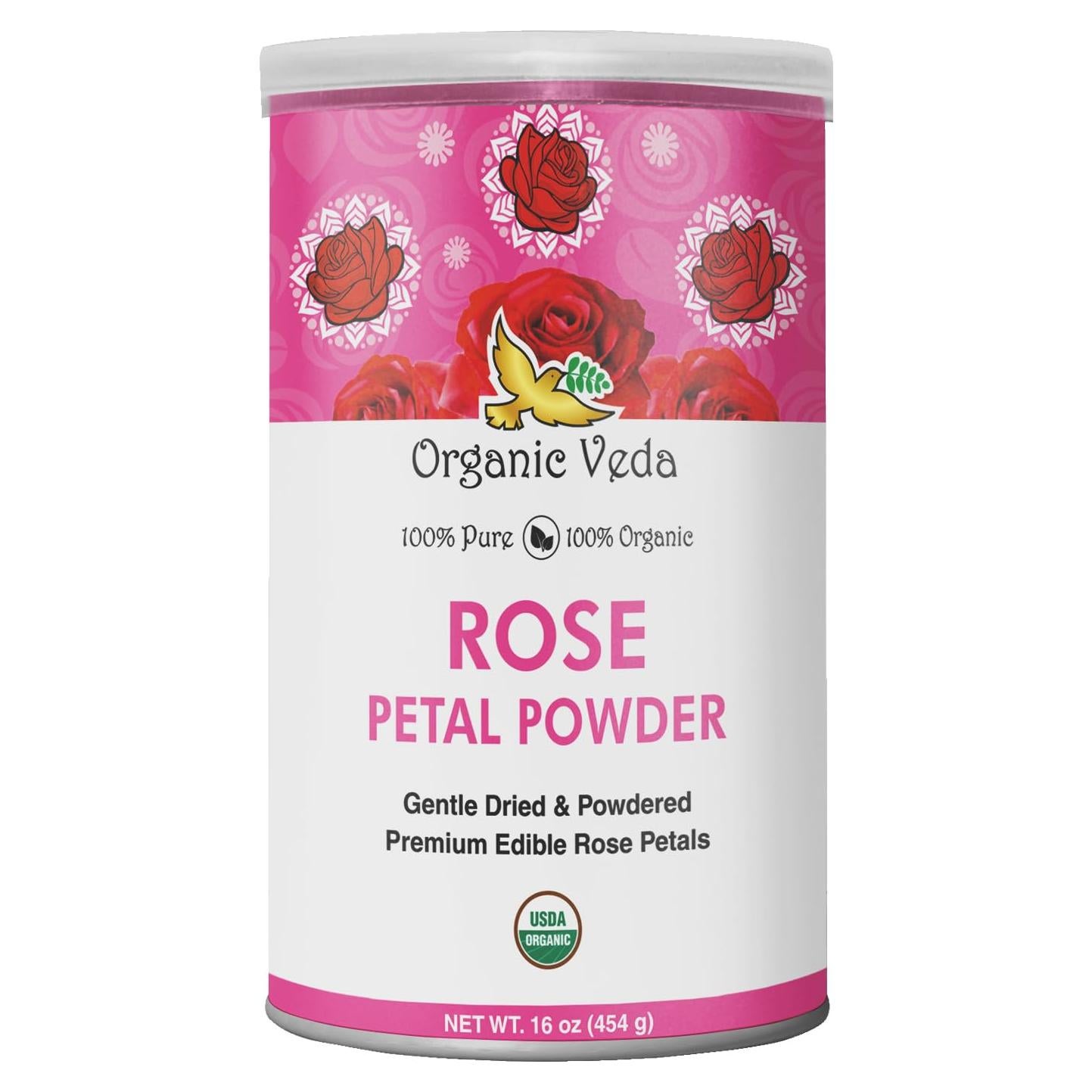 Polvo de Pétalos de Rosa Orgánico Veda 454g - Comestible y Natural