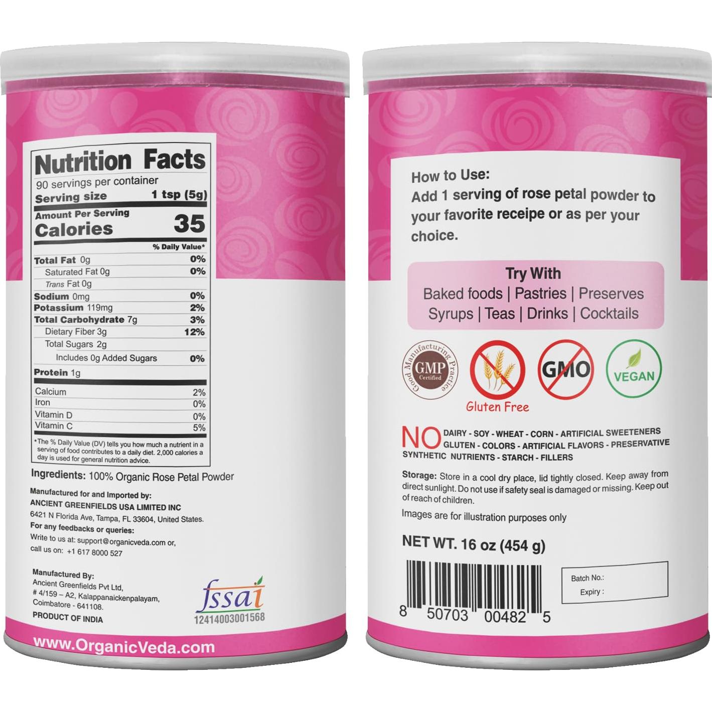 Polvo de Pétalos de Rosa Orgánico Veda 454g - Comestible y Natural