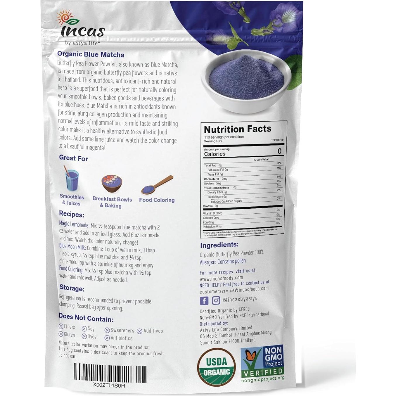 Polvo de Flor de Guisante Mariposa Orgánico Incas 113g - Colorante Natural