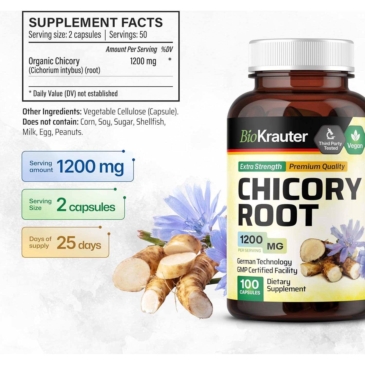 Suplemento de Fibra de Achicoria BioKrauter 1200 mg - 100 Cápsulas Veganas