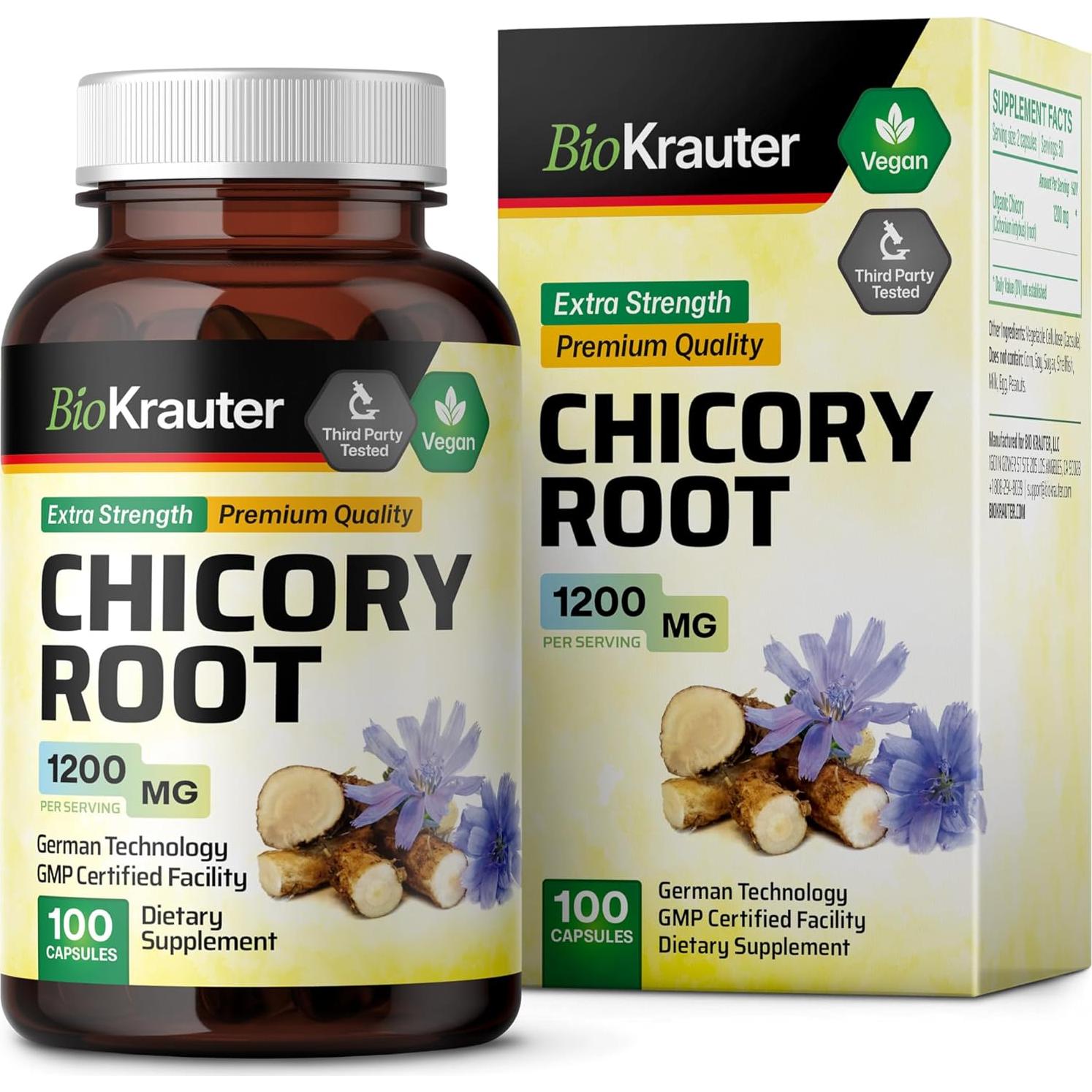 Suplemento de Fibra de Achicoria BioKrauter 1200 mg - 100 Cápsulas Veganas