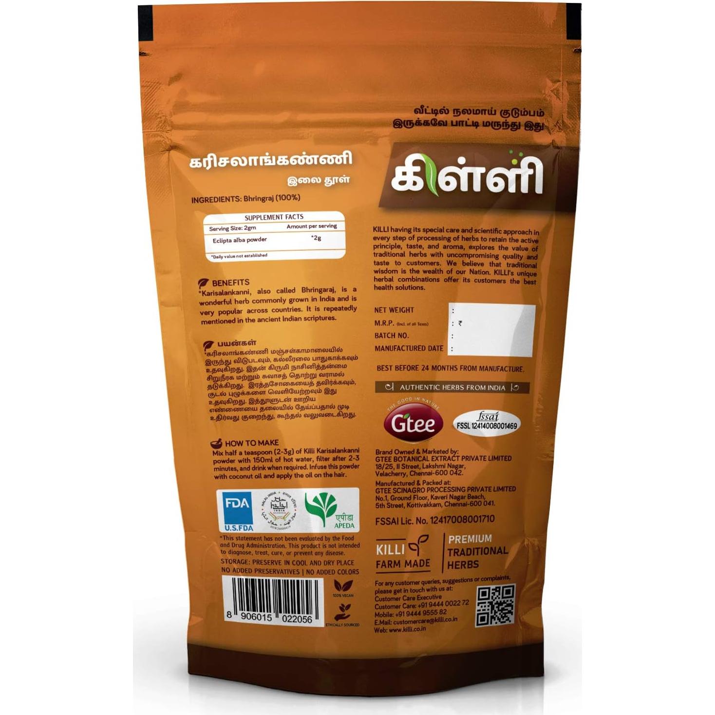 Polvo de Hojas de Bhringraj KILLI 100g - Crecimiento Capilar