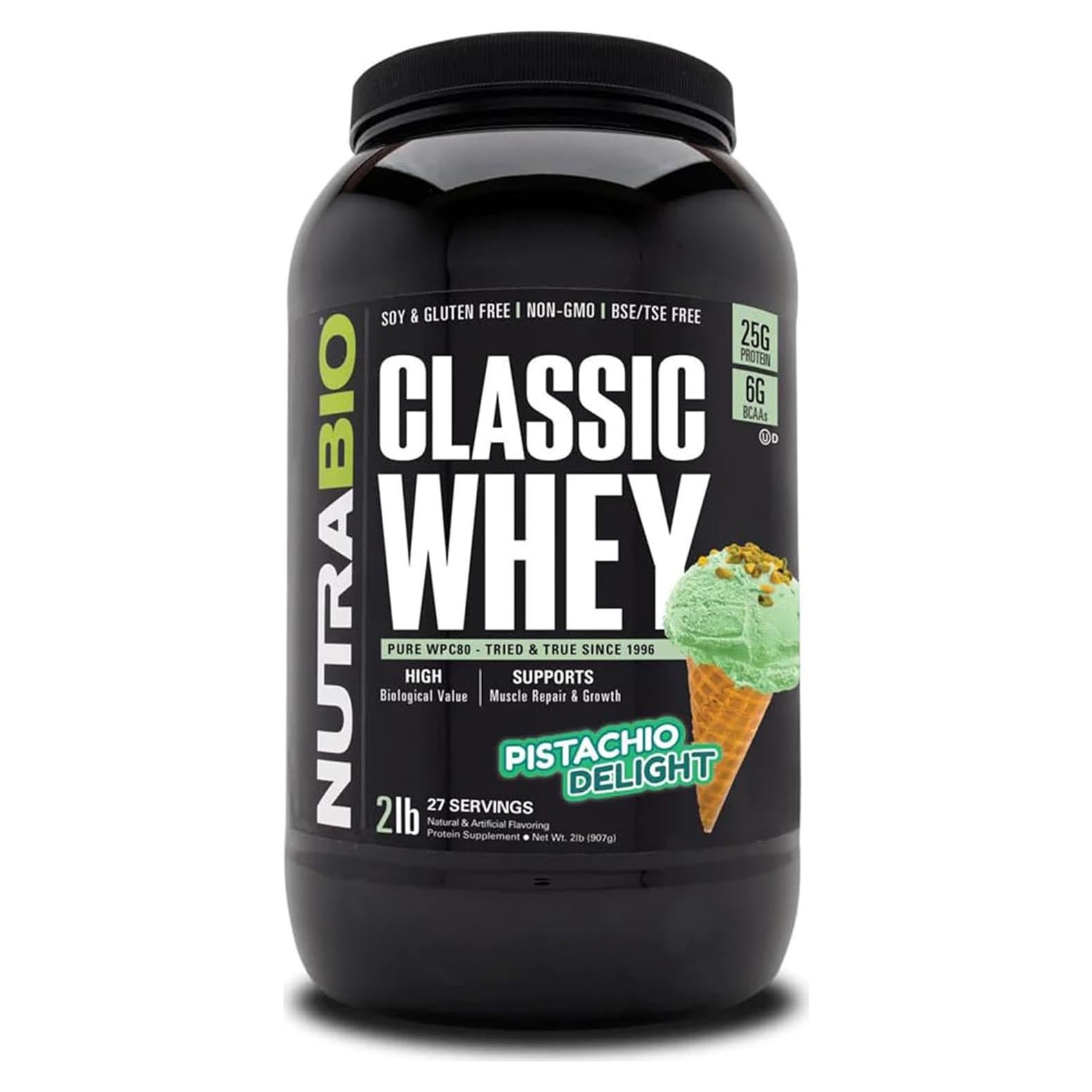 Proteína de Suero NutraBio Classic Whey 0.91 kg Sabor Pistacho