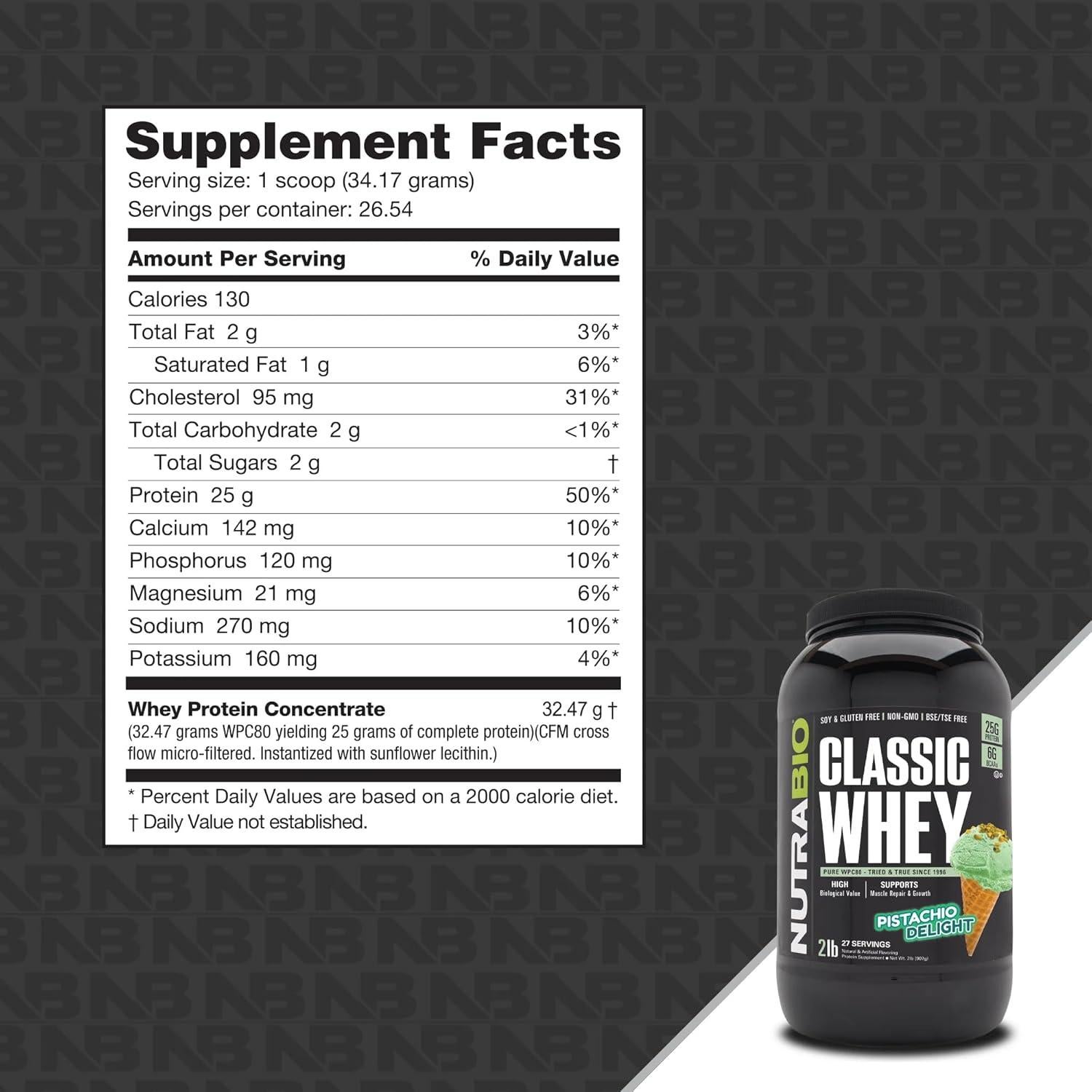 Proteína de Suero NutraBio Classic Whey 0.91 kg Sabor Pistacho