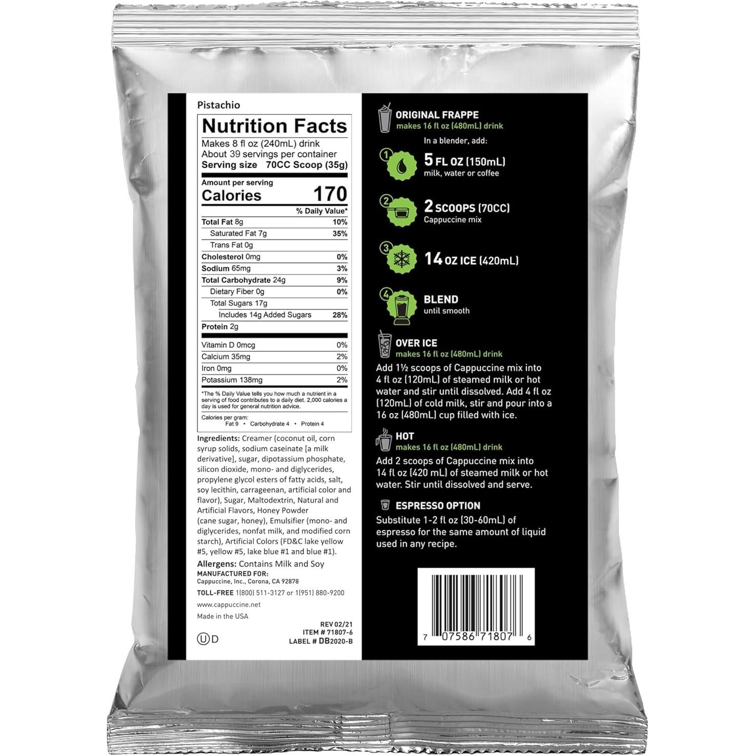 Mezcla de Frappe de Pistacho Cappuccine 1.36 kg Sin Gluten