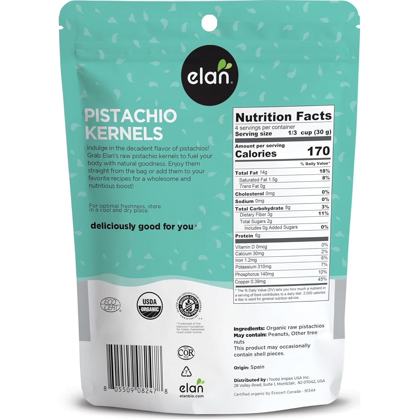 Pistachos Orgánicos Elan 136 g Crudos Sin Sal Veganos