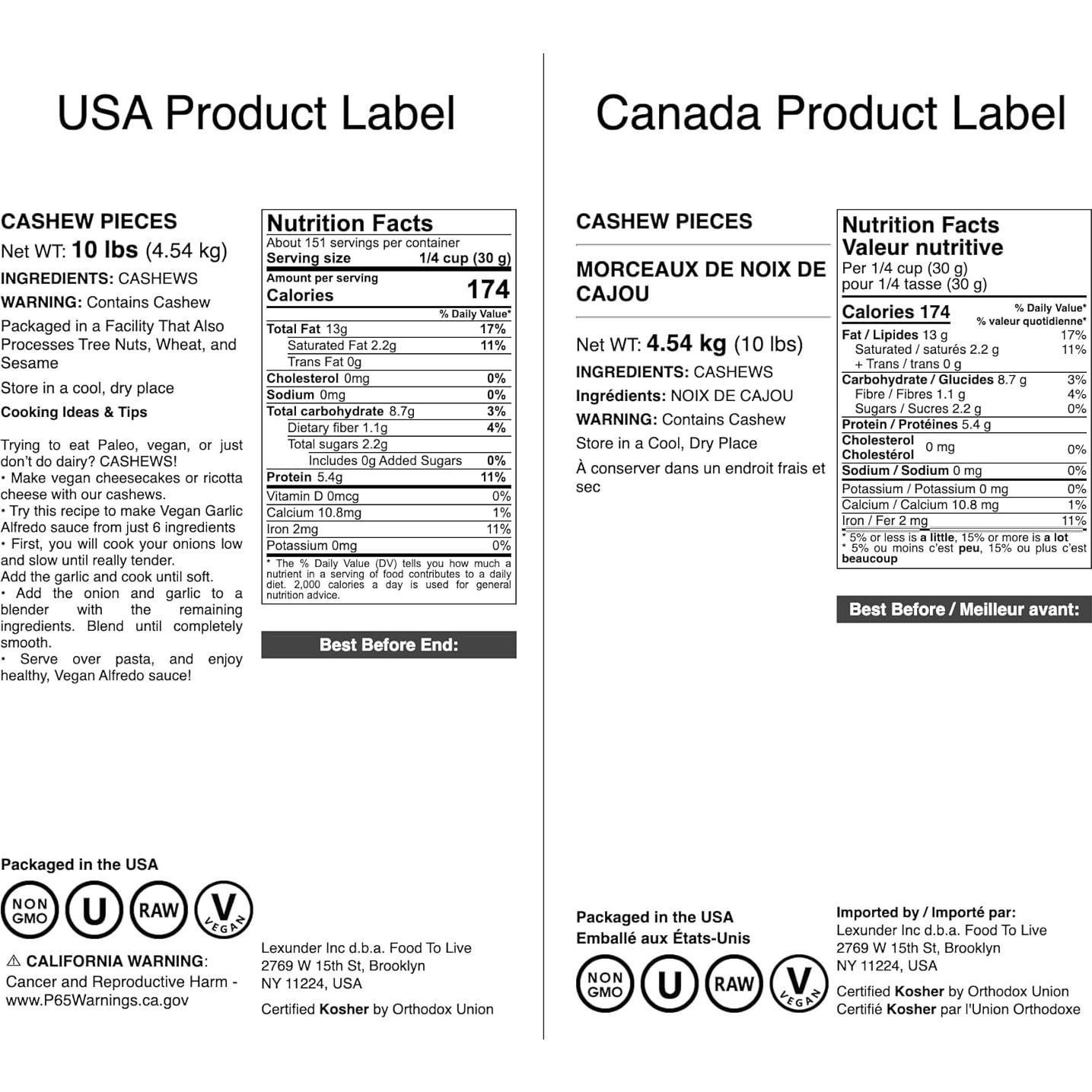 Piezas de Anacardo Food to Live 4.54 kg - Kosher, Crudo, Vegano