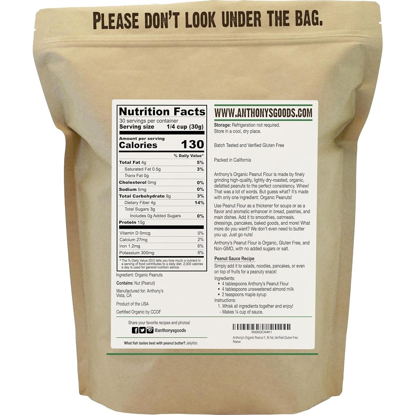 Harina de Cacahuate Orgánica Anthony 0.91 kg Desgrasada Sin Gluten