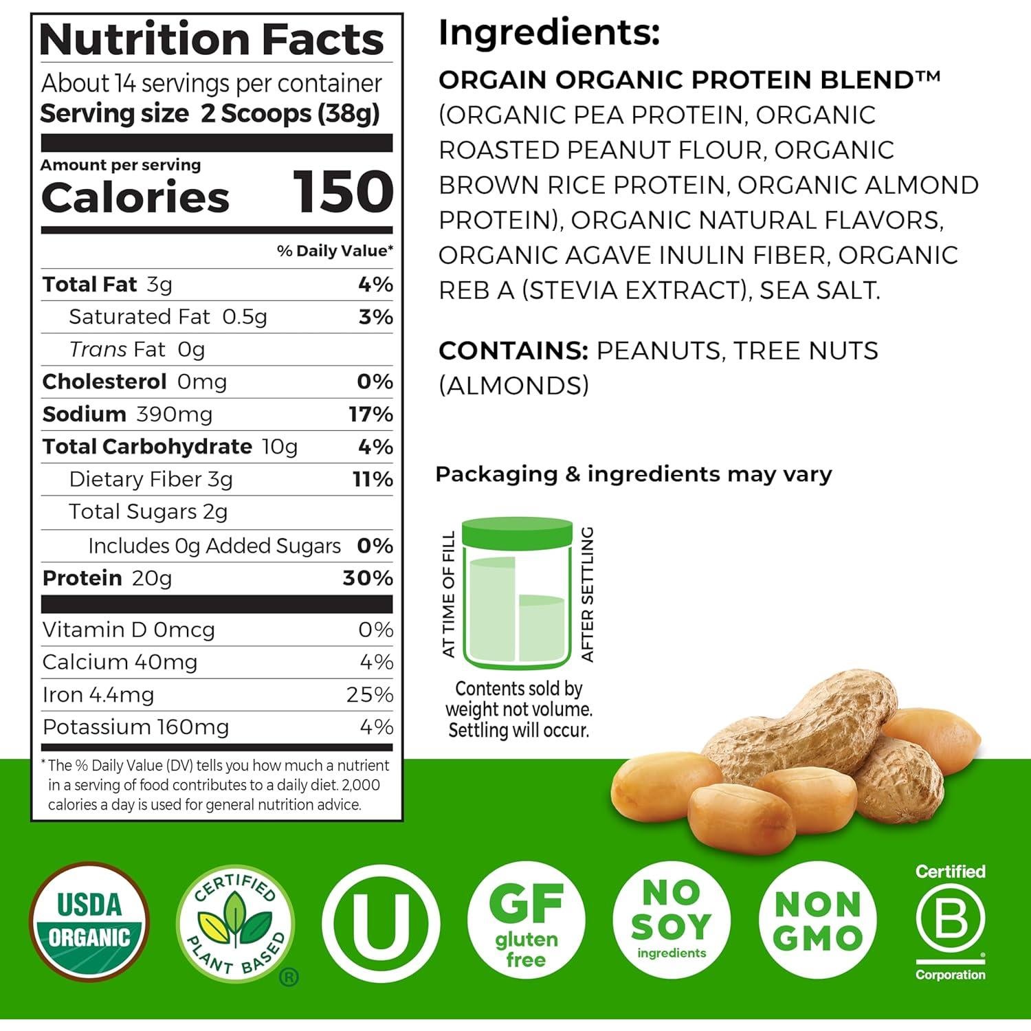 Polvo de Proteína Vegetal Orgánica Orgain Mantequilla de Maní 0.53 kg