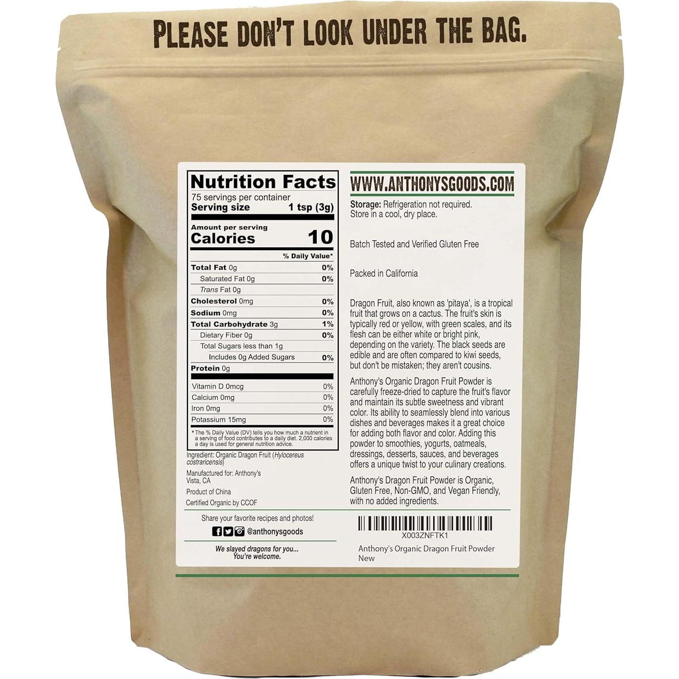 Polvo de Fruta del Dragón Orgánico Anthony's 227 g Liofilizado