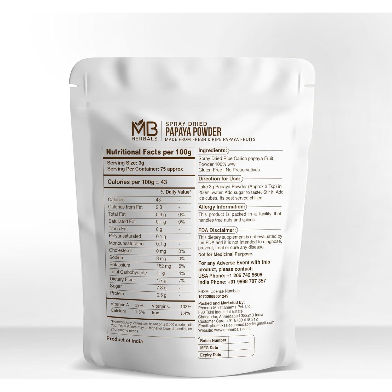 Polvo de Papaya Madura MB Herbals 227g Sin Gluten Natural