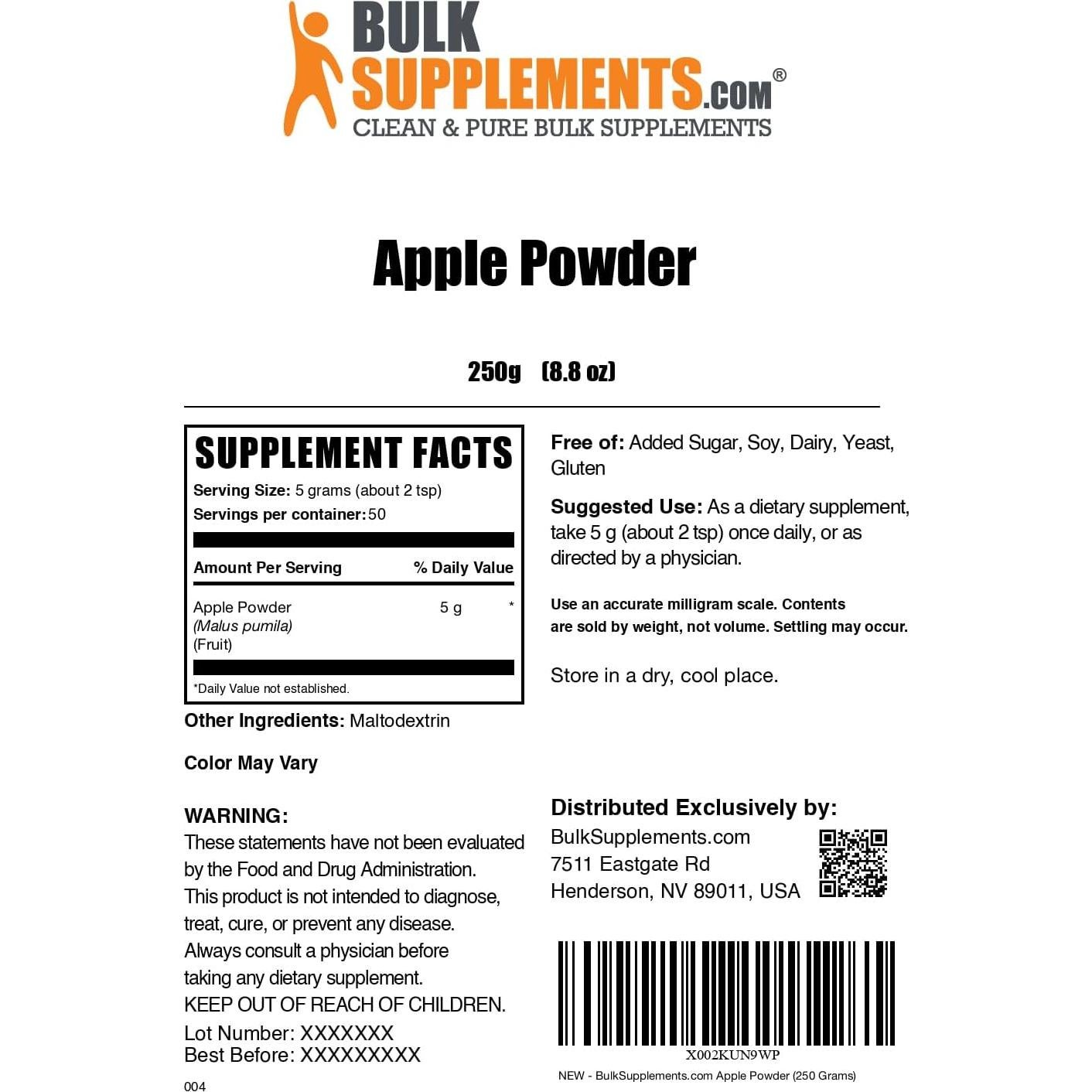 Polvo de Manzana BulkSupplements 250g - Suplemento Natural Sin Gluten