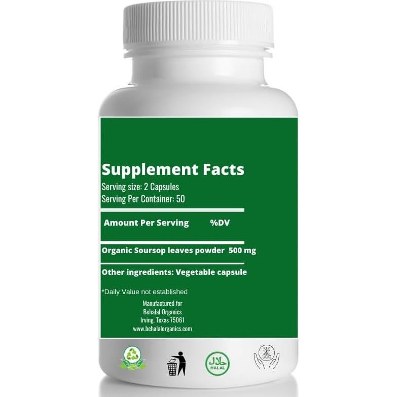 Cápsulas de Graviola Soursop 500mg Behalal Organics - 200 Unidades