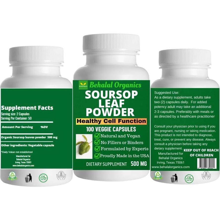 Cápsulas de Graviola Soursop 500mg Behalal Organics - 200 Unidades