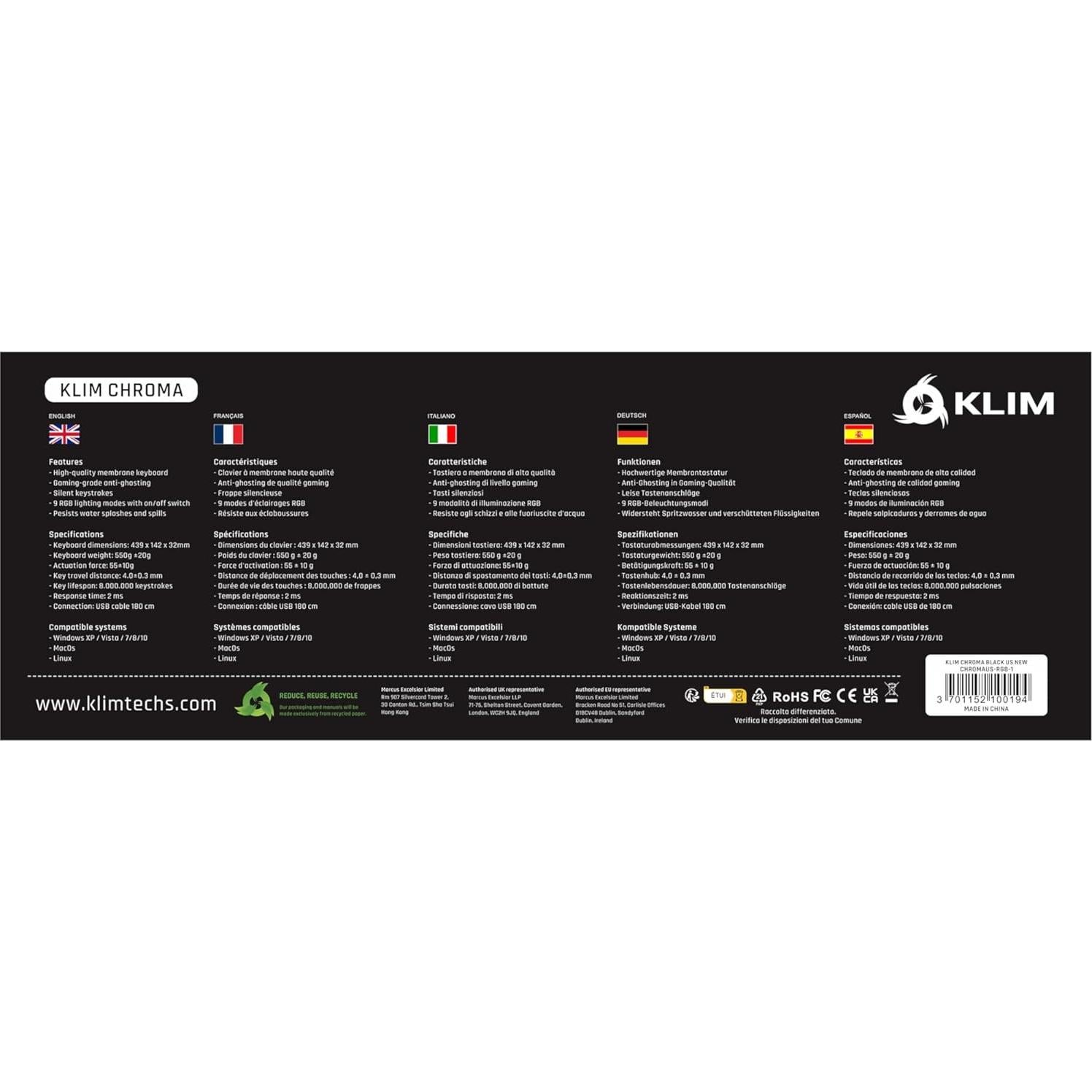 Teclado Gaming KLIM Chroma USB Con Cable - Ergonómico Negro