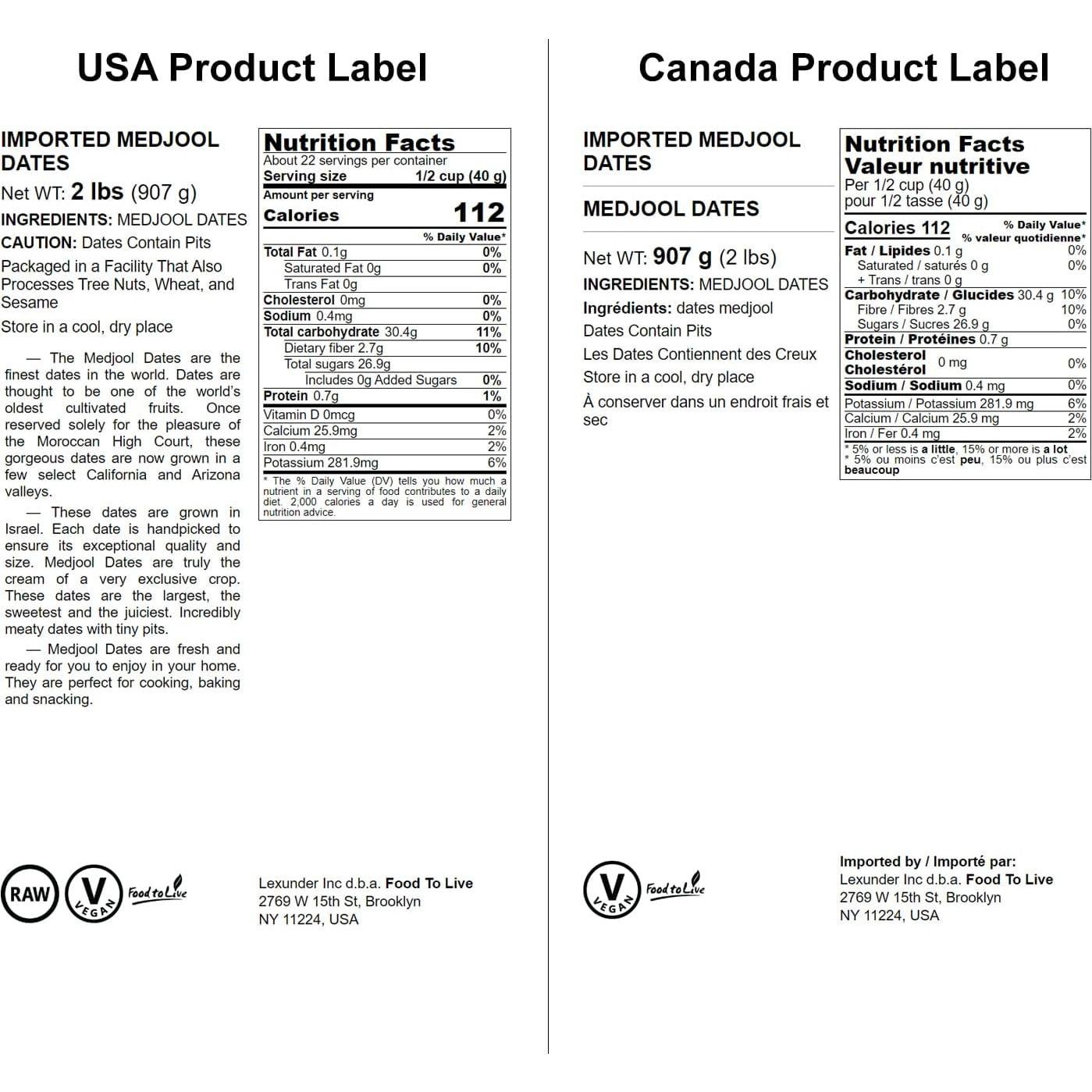Dátiles Medjool 907g Food to Live - Crudos, Veganos, No GMO