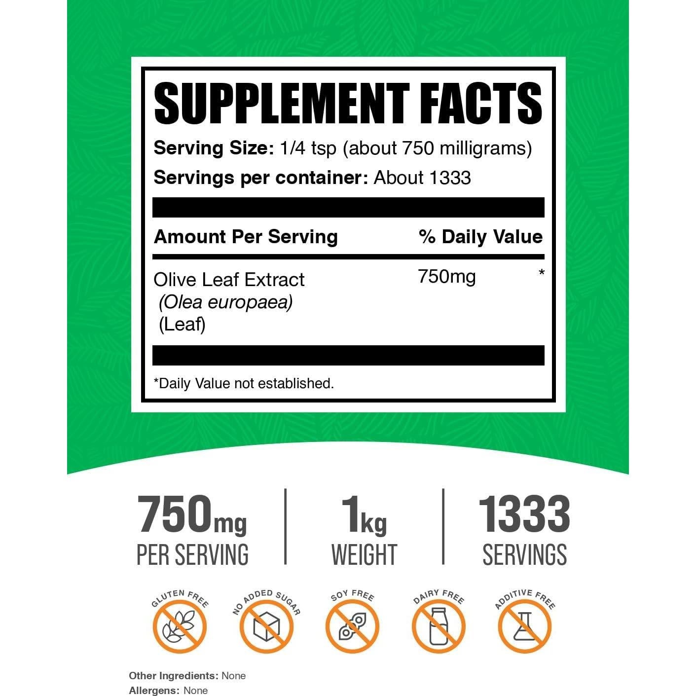 Polvo de Extracto de Hoja de Olivo BulkSupplements 1kg - Antioxidantes