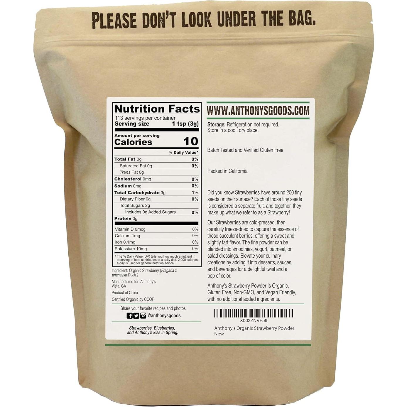 Polvo de Fresa Orgánico Anthony's 340 g Liofilizado Sin Gluten