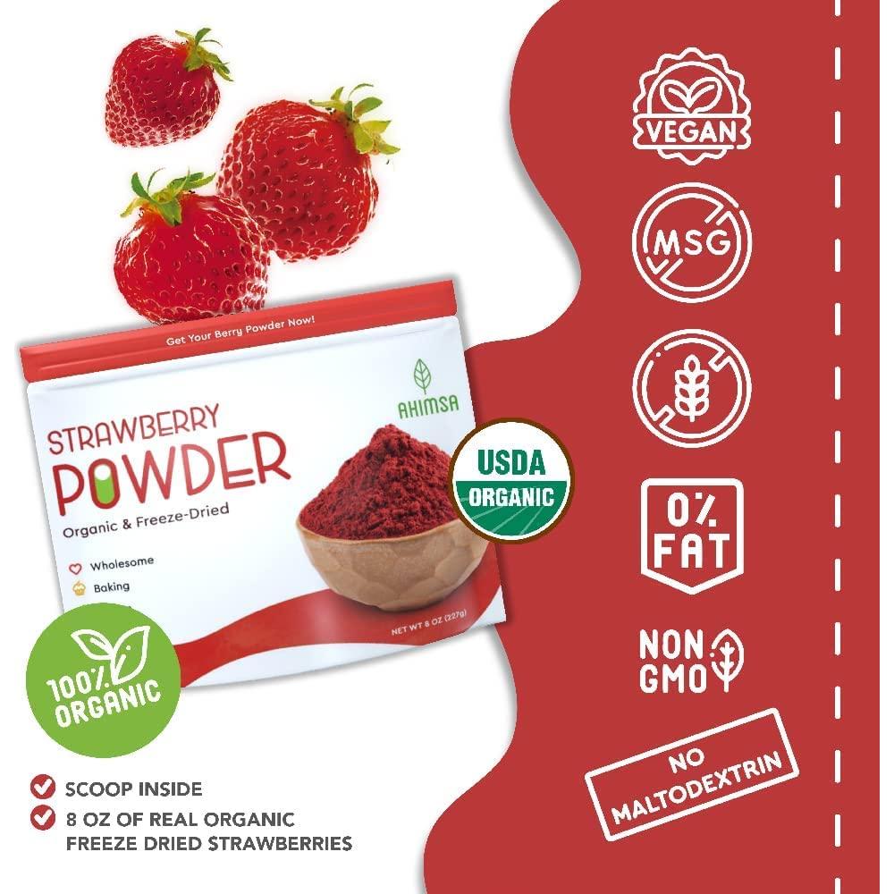 Polvo de Fresa Orgánica Liofilizada Ahimsa 227 g - Vegano y Natural