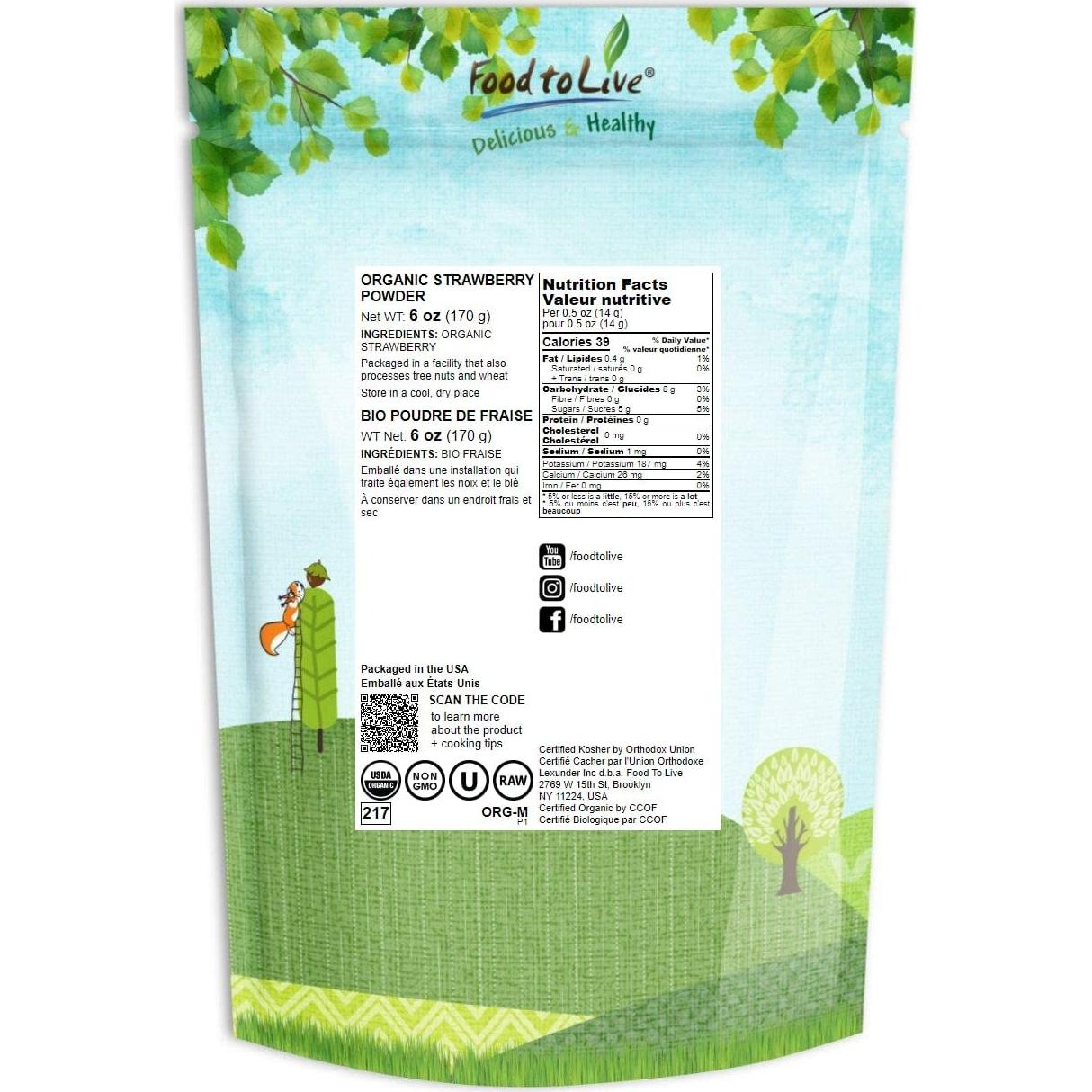 Polvo de Fresa Orgánico Food to Live 170g - Sin OGM, Liofilizado