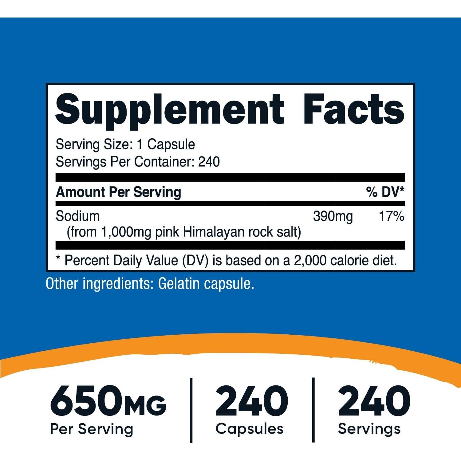 Cápsulas de Sal Rosa del Himalaya Nutricost 1000mg - 240 Unidades