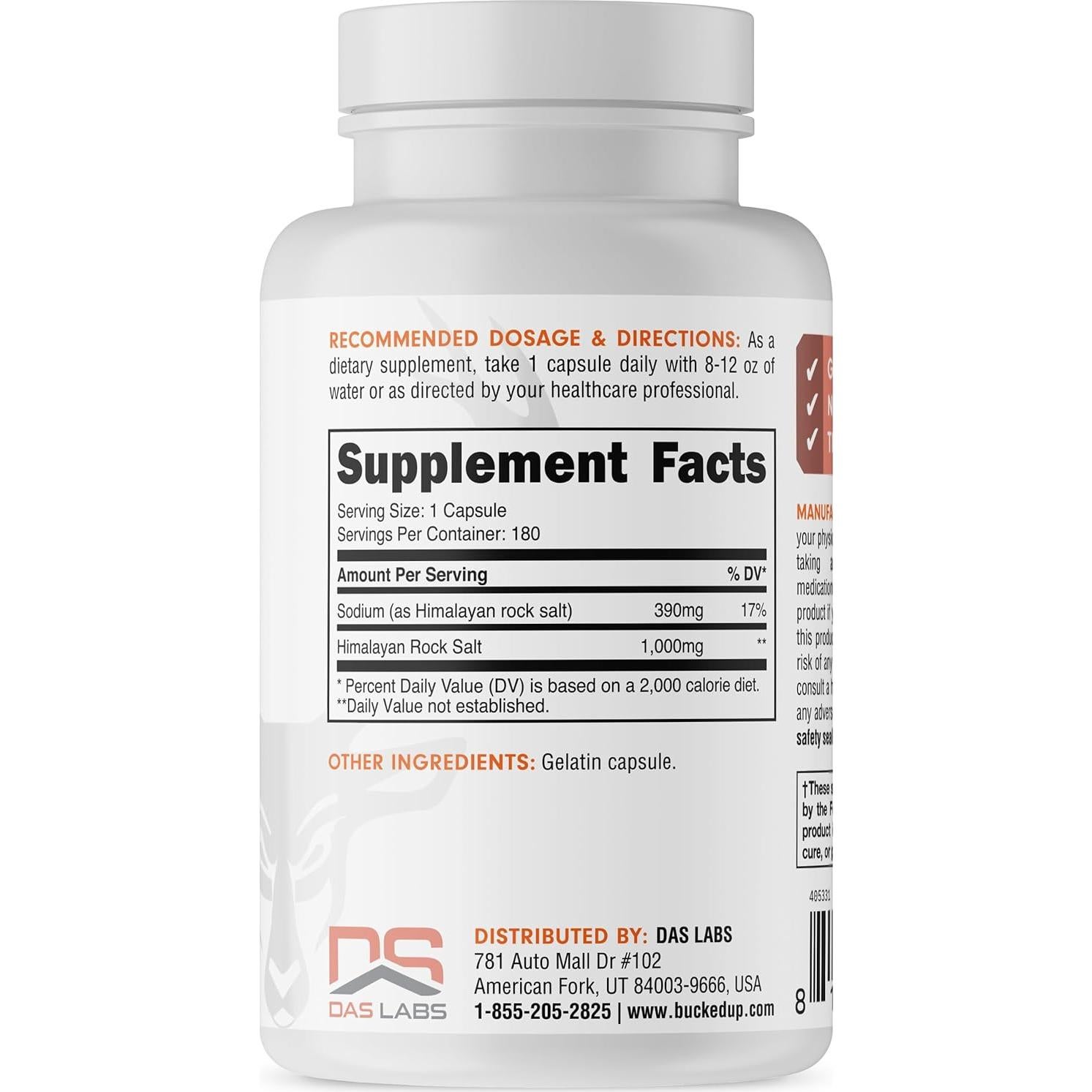 Cápsulas de Sal del Himalaya Bucked Up 1000mg - 180 Porciones