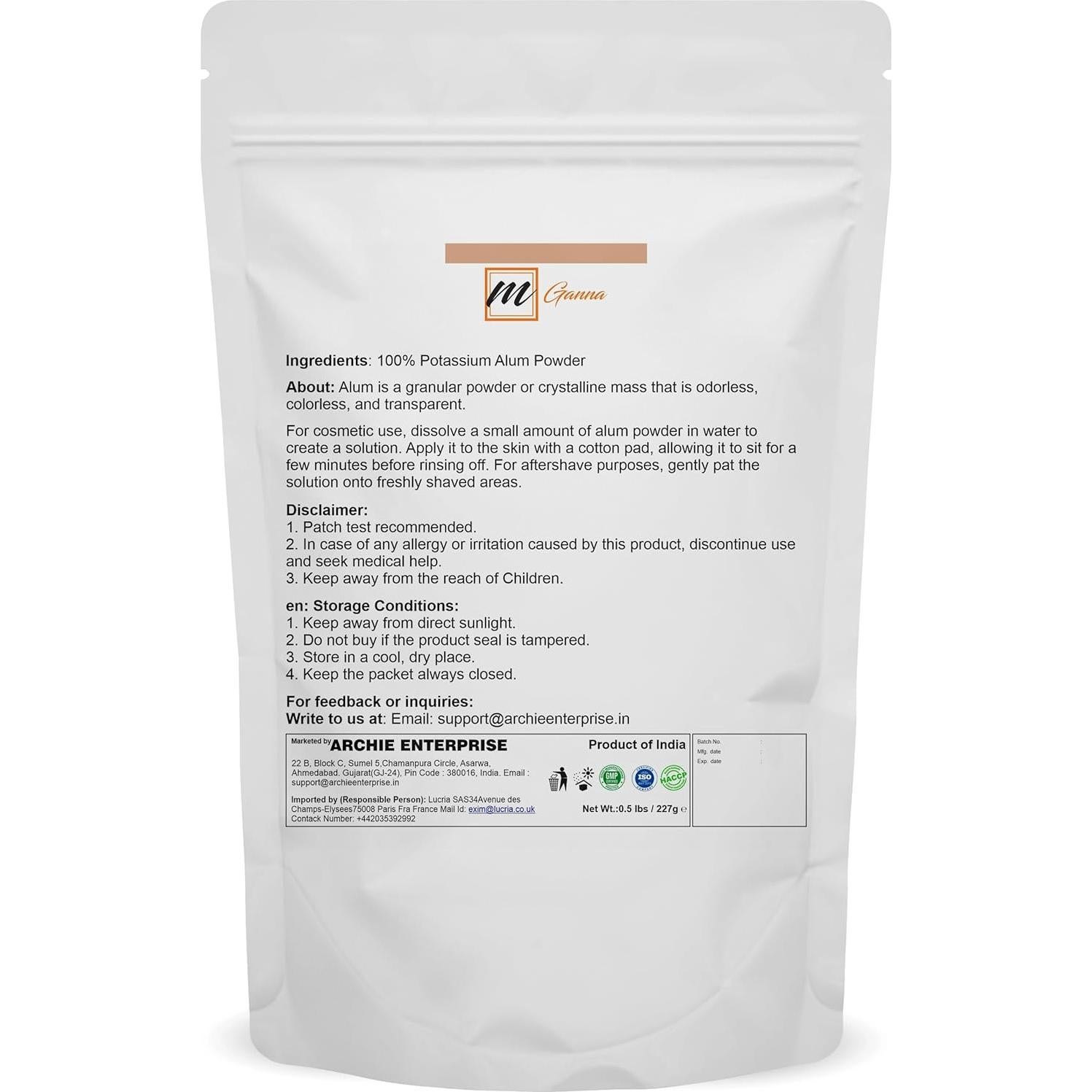 Polvo de Alumbre Natural mGanna 100g - Cuidado de la Piel