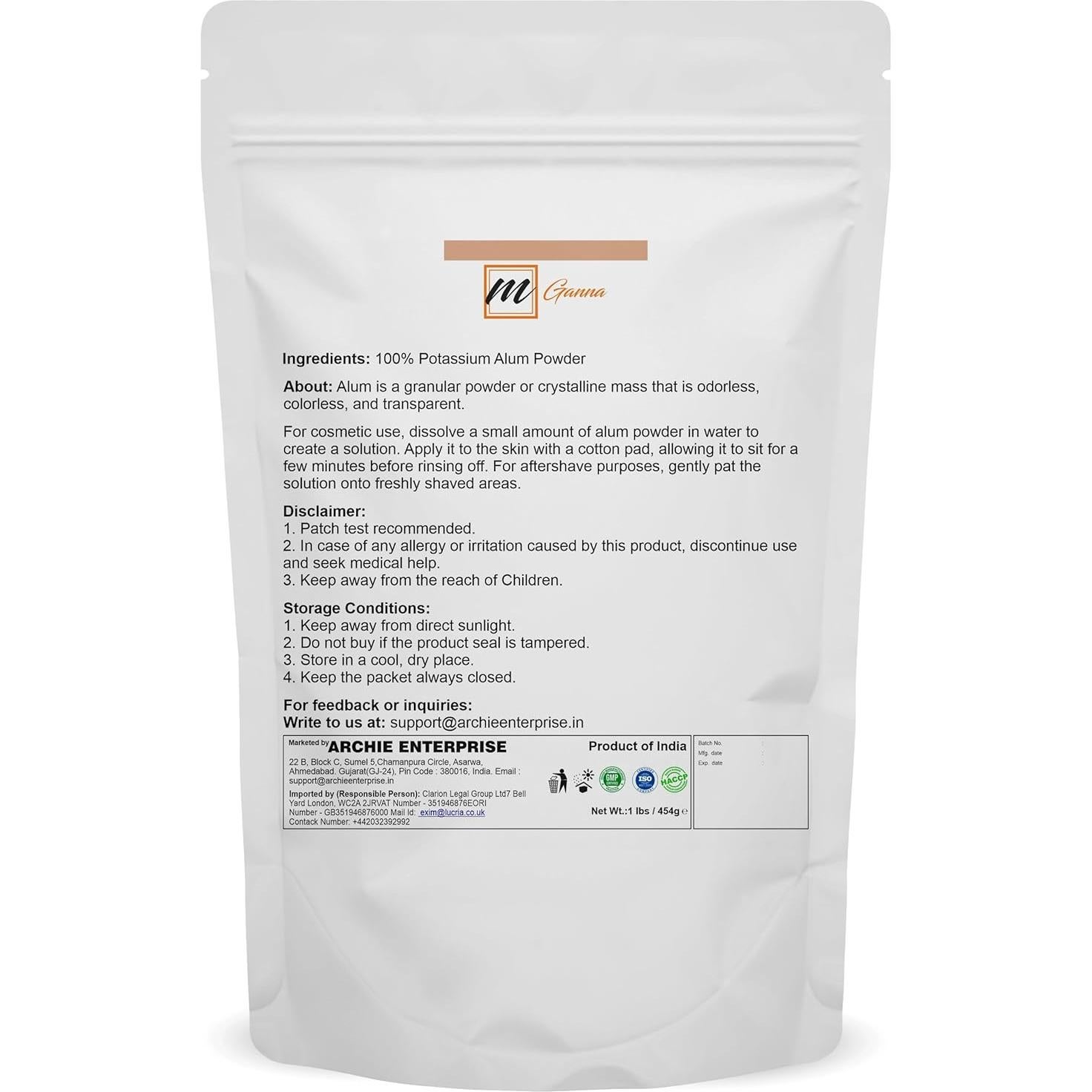 Polvo de Alumbre Natural mGanna 454g - Cuidado de la Piel